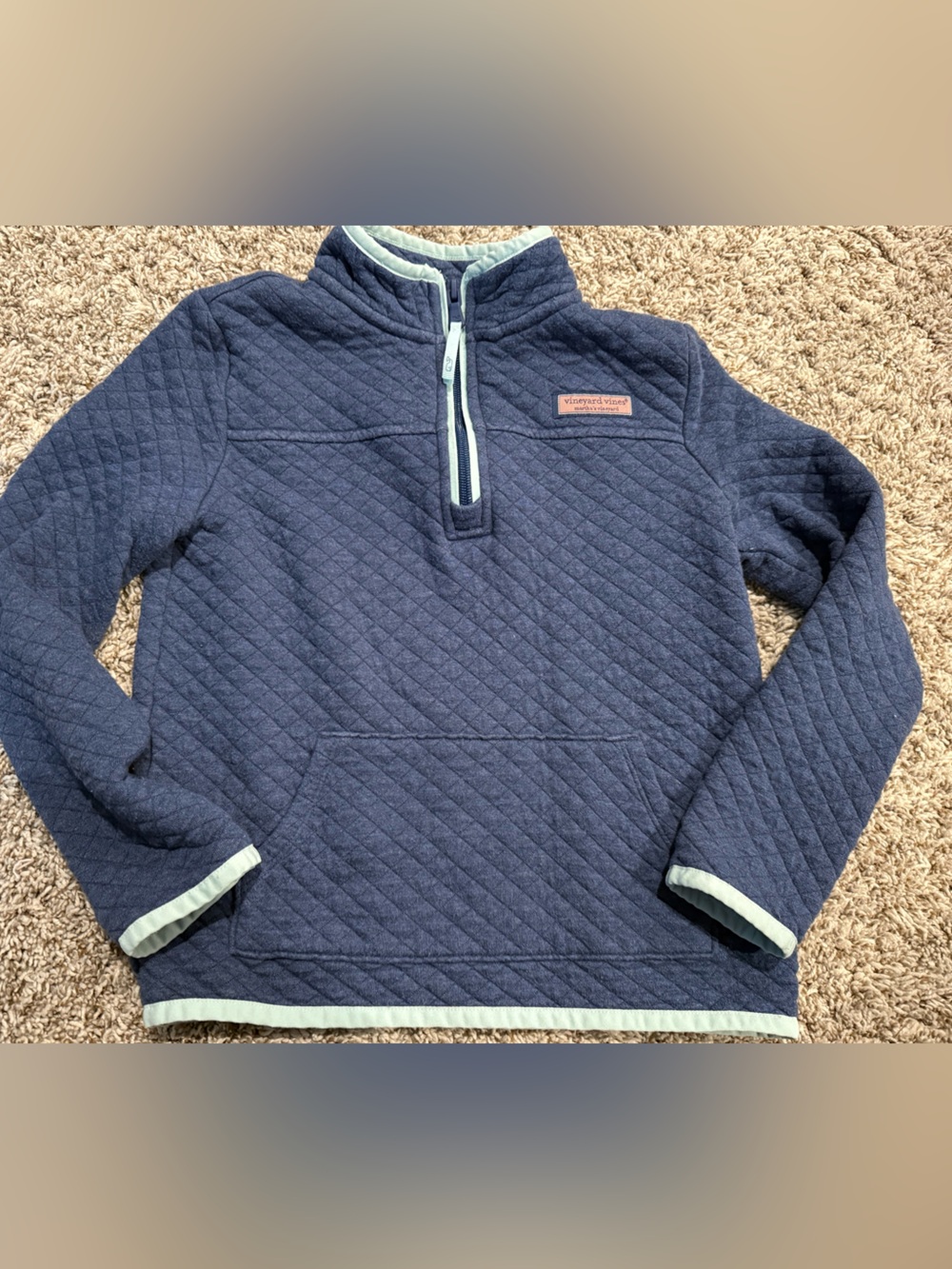 Vineyard Vines Navy Quilted Pullover with Light Blue Trim